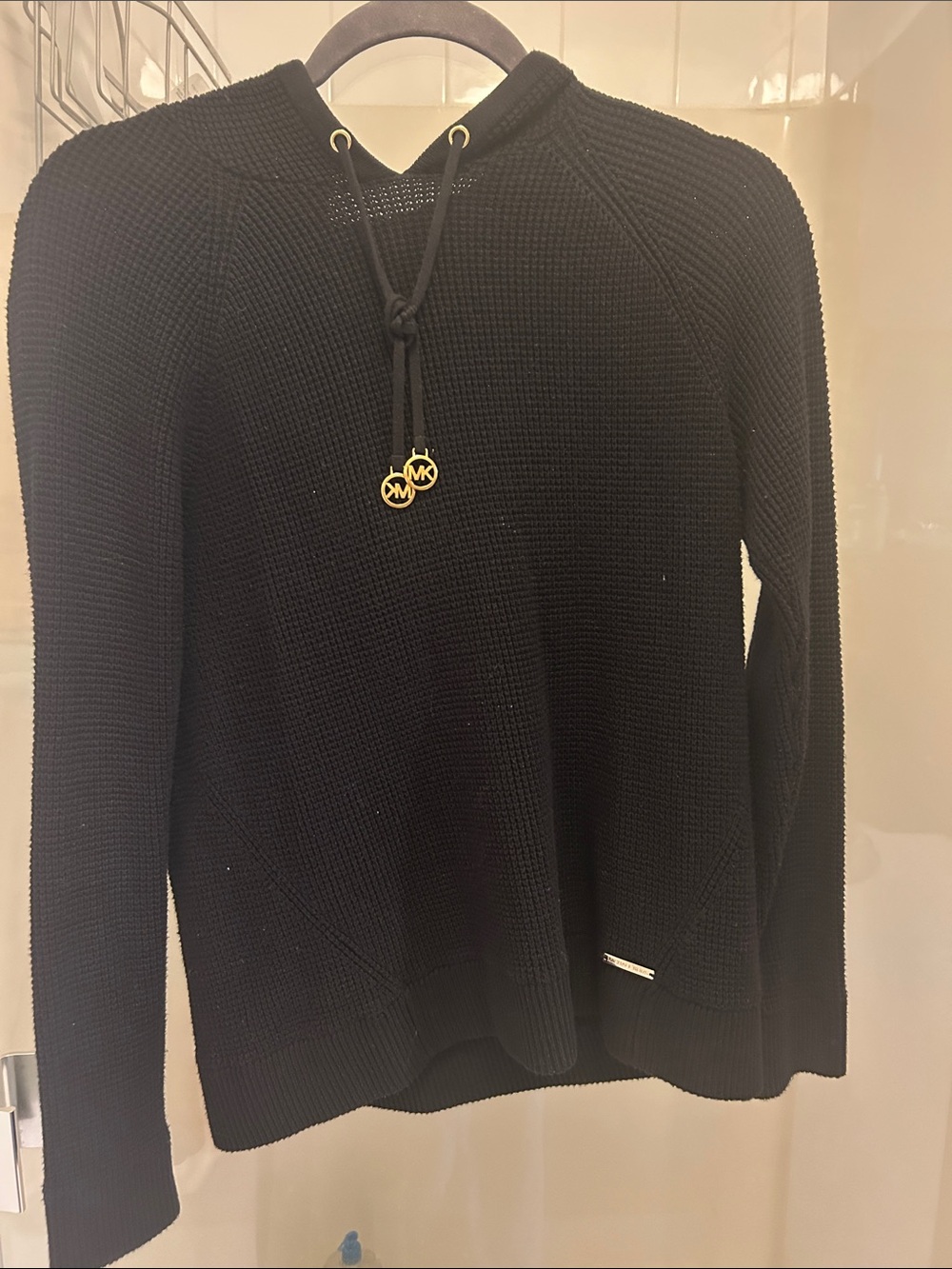 Michael Kors Black Hooded Waffle Knit Sweater with Drawstring Accents